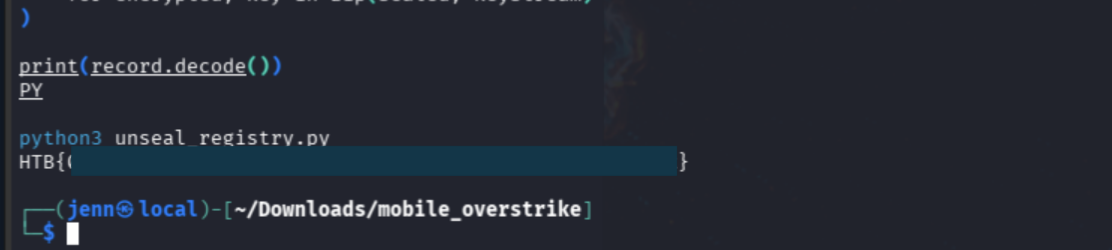 Registry decryption output with the flag value redacted